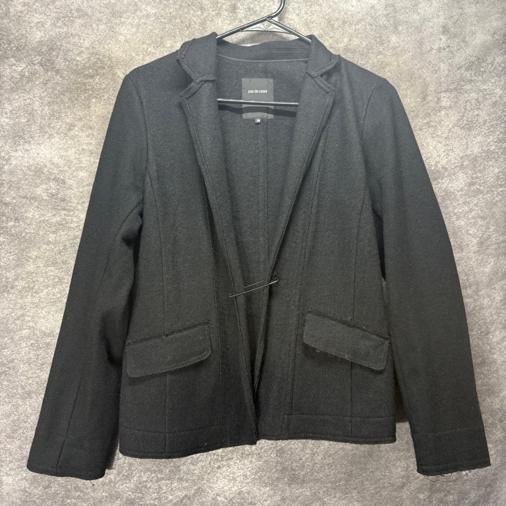 Pas de Calais Knit Sweater Blazer Jacket Size 36 Black Wool Blend Safety Pin